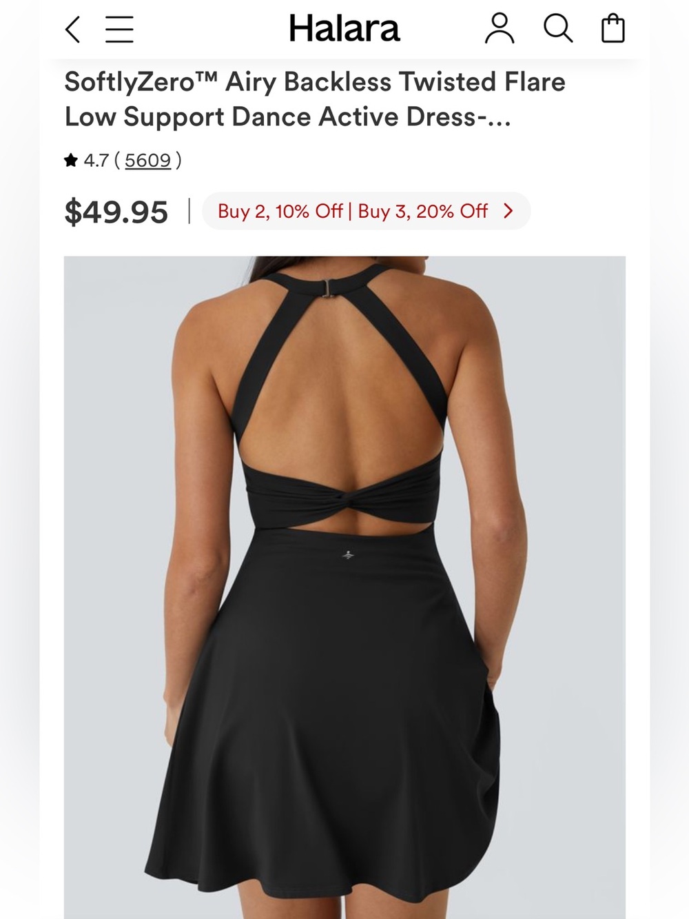 HALARA Black Airy Backless Twisted Flare Low Support Dance Active Dress